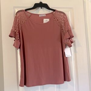 4/$20 Cute beige shade tee with lace sleeves.